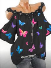 Load image into Gallery viewer, Camiseta de mujer con estampado de mariposas y hombros descubiertos