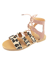 Load image into Gallery viewer, Sandalias romanas planas con tiras cruzadas y estampado de leopardo para mujer