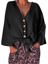 Load image into Gallery viewer, Camiseta confortável de algodão e linho com decote em V para mulheres