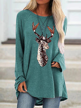 Load image into Gallery viewer, Camiseta folgada com apliques de animais de veado e gola redonda com brilhantes e mangas compridas na metade do comprimento