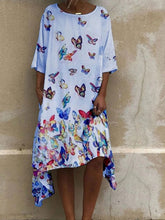 Load image into Gallery viewer, Vestido feminino de algodão e linho com estampa de borboleta de gola redonda