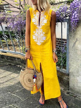 Load image into Gallery viewer, Vestido feminino de algodão e linho sem mangas com divisão frontal