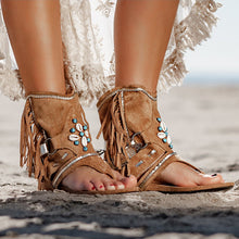 Load image into Gallery viewer, Sandalias planas de punta con flecos bohemios para mujer