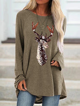 Load image into Gallery viewer, Camiseta folgada com apliques de animais de veado e gola redonda com brilhantes e mangas compridas na metade do comprimento