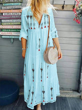 Load image into Gallery viewer, Vestido de manga larga de algodón y lino con cordón para mujer