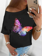 Load image into Gallery viewer, Camiseta feminina de manga curta multicolorida decote redondo com estampa borboleta