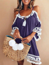 Load image into Gallery viewer, Vestido de linho com franjas de ombro e ombro
