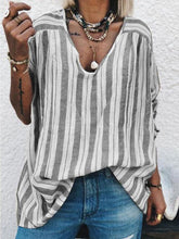Load image into Gallery viewer, Camisa casual feminina de manga comprida de algodão e linho listrado