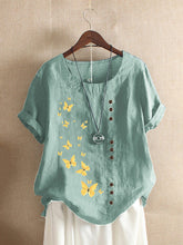 Load image into Gallery viewer, Camisa feminina de algodão e linho com estampa borboleta e gola redonda
