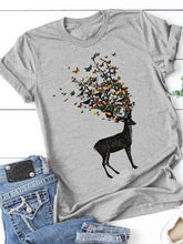 Load image into Gallery viewer, T-shirt feminina de manga curta com estampa de cervo borboleta redondo feminino