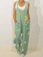 Load image into Gallery viewer, Macacão feminino casual de algodão e linho com estampa de girassol