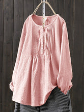 Load image into Gallery viewer, Camisa plisada de mujer de algodón y lino con cuello redondo