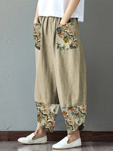 Load image into Gallery viewer, Pantalón de talla grande en cintura elástica estampada de algodón y lino para mujer