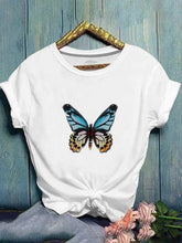 Load image into Gallery viewer, T-shirt casual feminina verão decote redondo borboleta estampa legal