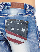 Load image into Gallery viewer, Calça jeans stretch bootcut com wash e estampa da bandeira americana