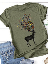 Load image into Gallery viewer, T-shirt feminina de manga curta com estampa de cervo borboleta redondo feminino