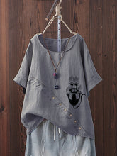 Load image into Gallery viewer, Short-sleeved casual cotton linen t-shirt with kitten print