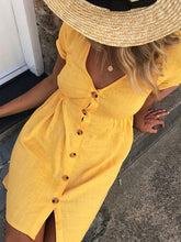 Load image into Gallery viewer, Vestido feminino de algodão e linho com decote em V com decote em V