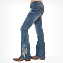 Load image into Gallery viewer, Washed bootcut jeans with Feather & Dreamcatcher embroidery