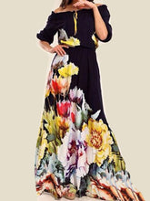 Load image into Gallery viewer, Vestido feminino com estampa de manga cinco quartos fora do ombro