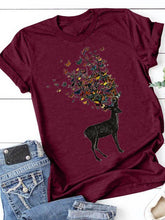 Load image into Gallery viewer, T-shirt feminina de manga curta com estampa de cervo borboleta redondo feminino