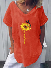 Load image into Gallery viewer, Camiseta e blusa feminina de algodão e linho com gola em V estampada