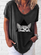 Load image into Gallery viewer, Women's V-neck Cat Print T-shirt