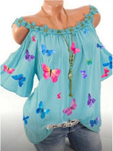 Load image into Gallery viewer, Camiseta de mujer con estampado de mariposas y hombros descubiertos