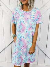 Load image into Gallery viewer, Vestido de manga corta con bolsillo con cuello redondo y estampado tie-dye a la moda para mujer