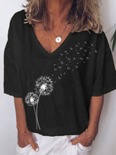 Load image into Gallery viewer, Camiseta feminina com decote em V com estampa de dente de leão