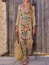 Load image into Gallery viewer, Vestido feminino com estampa de manga comprida de algodão e linho com decote em V
