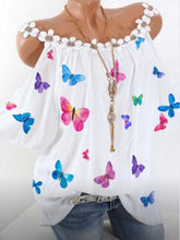 Load image into Gallery viewer, Camiseta de mujer con estampado de mariposas y hombros descubiertos