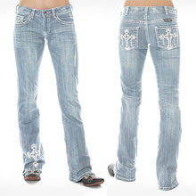 Load image into Gallery viewer, Calça jeans com bootcut prata com lavagem cruzada