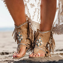 Load image into Gallery viewer, Sandalias planas de punta con flecos bohemios para mujer