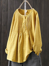 Load image into Gallery viewer, Camisa plisada de mujer de algodón y lino con cuello redondo