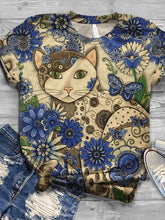Load image into Gallery viewer, Camiseta feminina de manga curta com estampa floral de gato