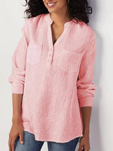 Load image into Gallery viewer, Camisa feminina de algodão e linho com bolso em V
