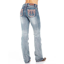 Load image into Gallery viewer, Jeans feminino desbotado com strass bootcut - azul claro