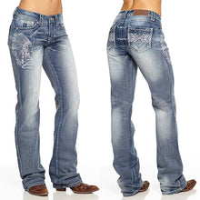 Load image into Gallery viewer, Embroidered and distressed bootcut jeans with beading