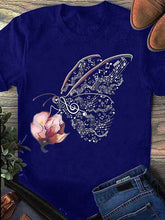 Load image into Gallery viewer, Camiseta feminina de manga curta, decote redondo, notação musical, estampa de borboleta