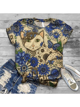 Load image into Gallery viewer, Camiseta feminina de manga curta com estampa floral de gato