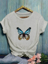 Load image into Gallery viewer, T-shirt casual feminina verão decote redondo borboleta estampa legal