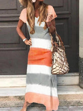 Load image into Gallery viewer, Women's Striped Short Sleeve V Neck Long Dress