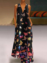 Load image into Gallery viewer, Vestido feminino boêmio com decote em V borboleta estampado maxi