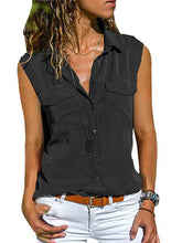 Load image into Gallery viewer, Camisa feminina de lapela de algodão e linho sem mangas