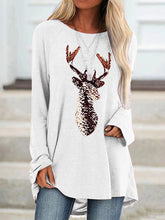 Load image into Gallery viewer, Camiseta folgada com apliques de animais de veado e gola redonda com brilhantes e mangas compridas na metade do comprimento