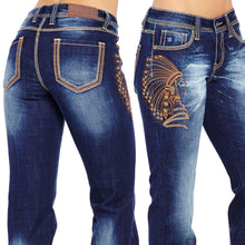 Load image into Gallery viewer, Washed Rhinestone Embroidered Stretch Bootcut Jeans