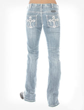 Load image into Gallery viewer, Calça jeans com bootcut prata com lavagem cruzada