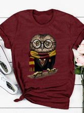 Load image into Gallery viewer, Camiseta feminina de manga curta estampada coruja com gola redonda