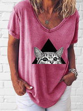 Load image into Gallery viewer, Women's V-neck Cat Print T-shirt